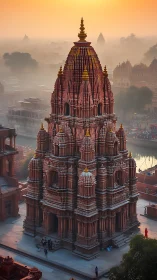 Sunrise over a misty sandstone temple in a quiet cityscape.