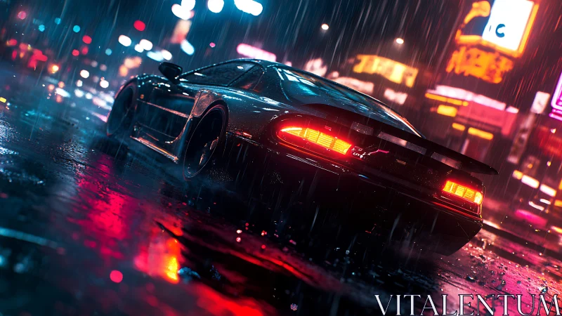 Neon rain chases a midnight supercar through liquid streets.
