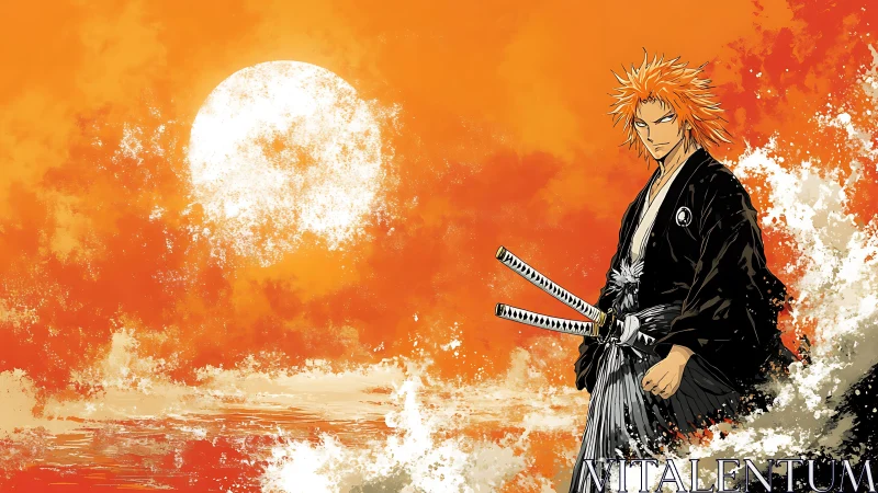 Samurai warrior with twin katanas against blazing orange sun