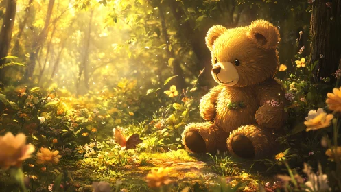 Teddy bear glows under golden forest light among flowers.