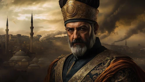 Imperial Ottoman ruler in ornate garb dominates smoky skyline