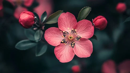 Pink Blossoms with Crimson Buds Against Dark Foliage.