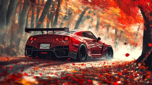 Red sports car drifting through vivid autumn forest road.