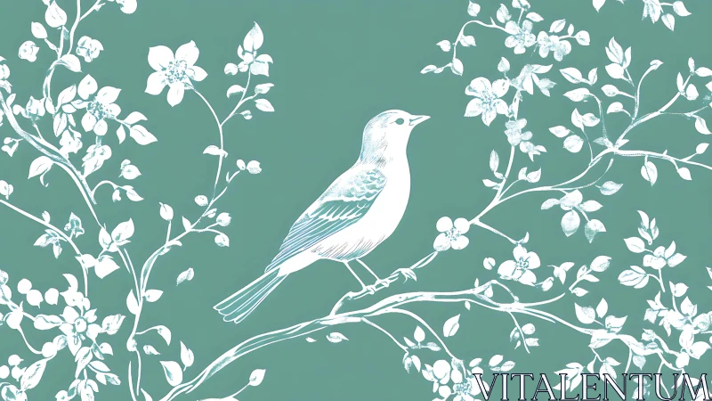 Elegant White Bird on Flowering Branch in Vintage Botanical Style.