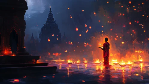 Monk with floating ritual lanterns before temple silhouettes