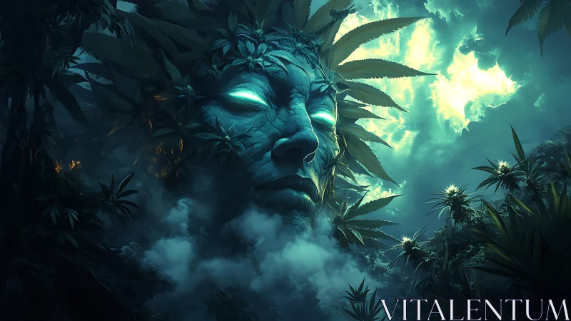 Mythic jungle deity with luminous eyes in stormlit mist.