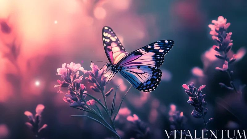 Butterfly rests on glowing flowers in dreamy sunset garden.