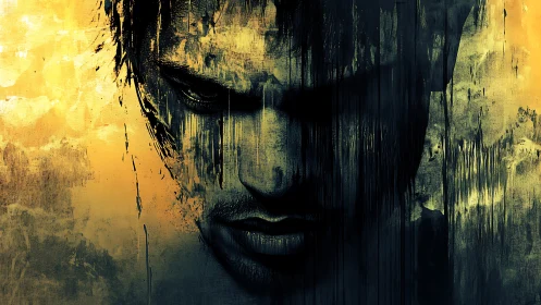Brooding male portrait in dripping abstract darkness.
