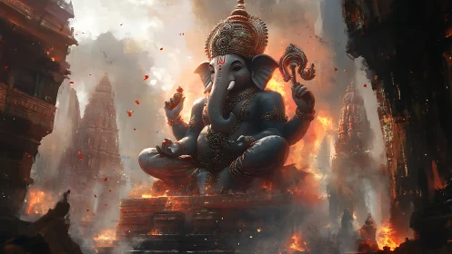 Colossal Ganesha deity amid burning temple ruins, cinematic scale