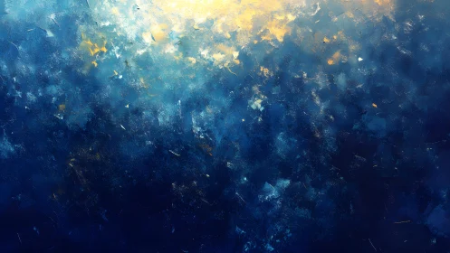 Abstract blue ocean depths with golden light, textured painting.