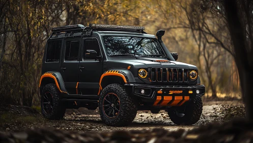 Matte black offroad SUV with orange accents in forest trail.