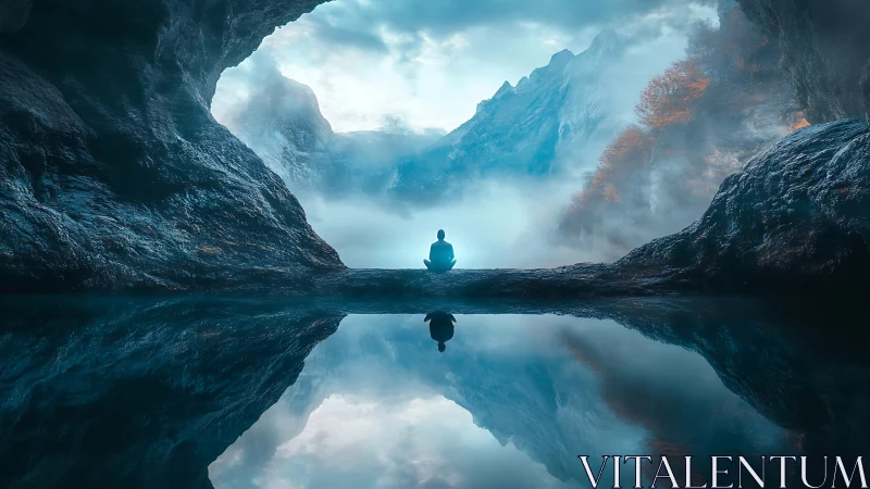 Solitary meditative figure anchors symmetrical cave reflection