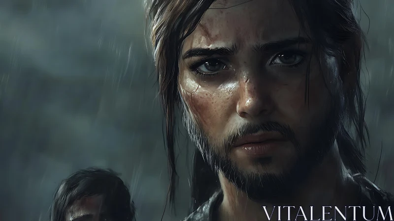 Rain-soaked survivor stares down the storm of a broken world.