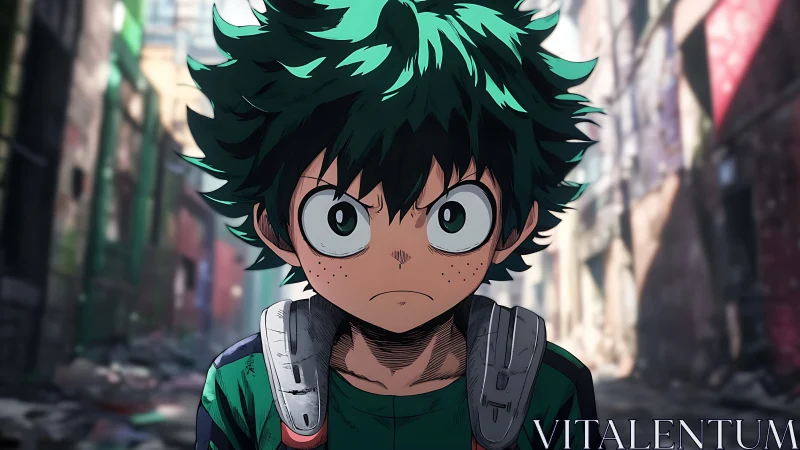 Determined green-haired anime boy stands in ruined alleyway