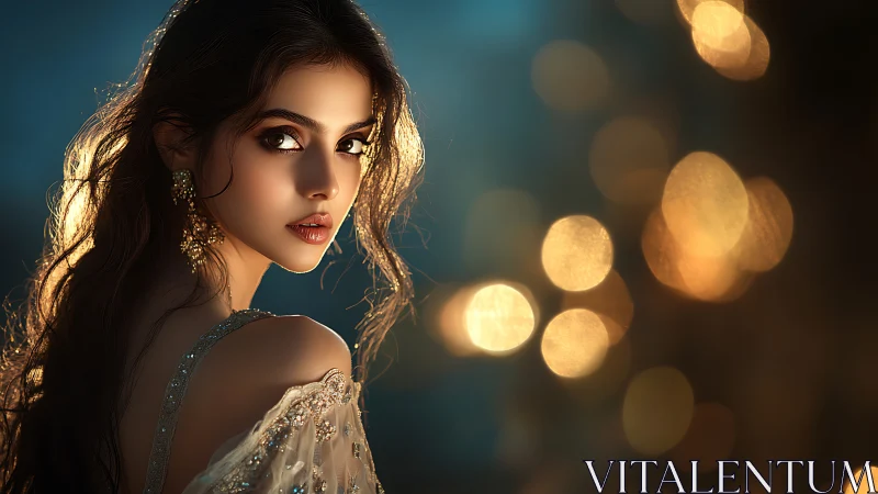 Woman in jeweled gown turns toward warm golden bokeh lights