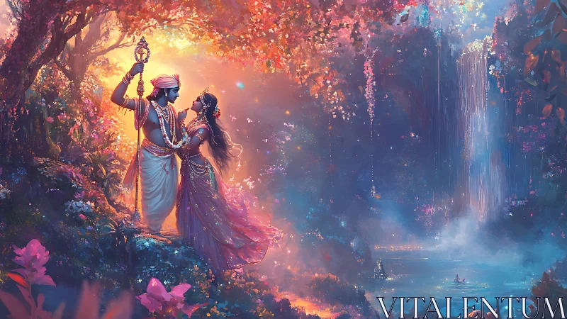 Mythic couple stands in glowing forest beside misty waterfall