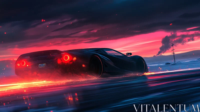 Black supercar accelerates across neon-lit winter highway