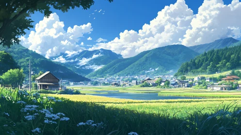 Summer countryside village with rice fields and blue mountains.