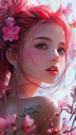 Pink haired woman among blossoms, detailed portrait.