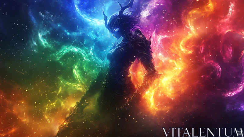 Cosmic humanoid silhouette within multicolored nebula field.