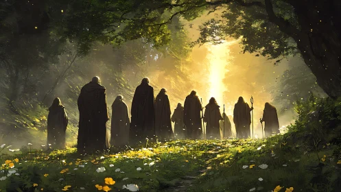 Cloaked druids converge beneath sylvan lumen rift portal.