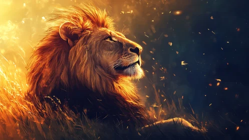 Lion profile glows under golden cinematic sunset light.
