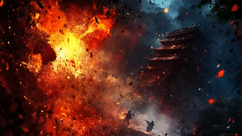 Explosive Destruction: Pagoda Amid Apocalyptic Fire.