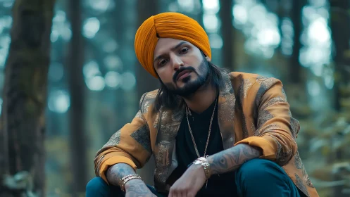 Golden turban style meeting forest calm and quiet confidence.