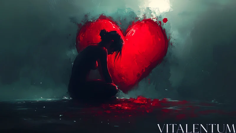 Silhouetted figure against ruptured red heart field in fog.