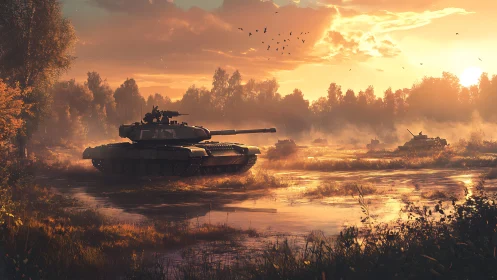 Sunlit tanks resting quietly beside a golden forest marsh.