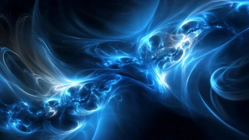 Luminous blue plasma stream in dynamic fractal nebula field.