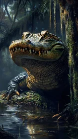 Photorealistic crocodile portrait in dense jungle shallows.