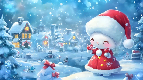 Snow covered village scene includes stylized winter character
