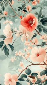 Botanical illustration featuring coral and cream blossoms with teal foliage.