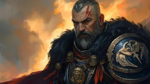 Armored warrior portrait before dramatic sunset sky.