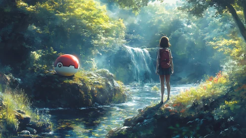 Anime explorer observing forest waterfall in soft rim light
