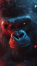 3D cinematic gorilla portrait with dual neon key lighting.