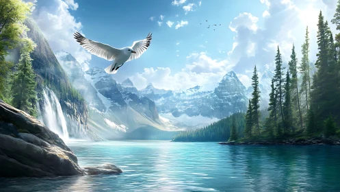 Mountain lake landscape with seagull in flight and waterfall.