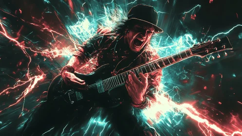Cyberpunk electric guitarist in explosive neon energy field.