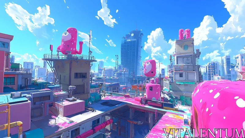 Digital painting of neon rooftop cityscape with pink mascots.