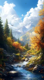Mountain stream flows through autumn valley beneath clouds