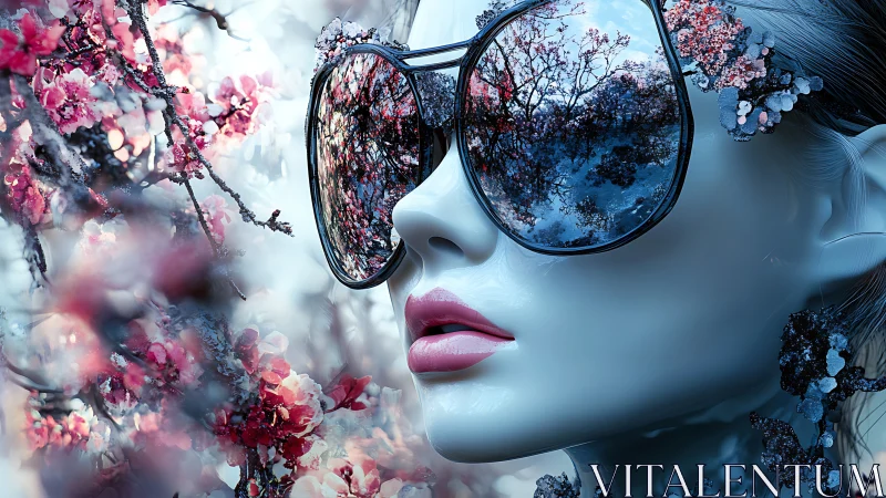 Reflective eyewear frames stylized face amid floral branches