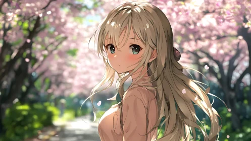 Backlit anime girl under shallow-depth cherry blossom bokeh