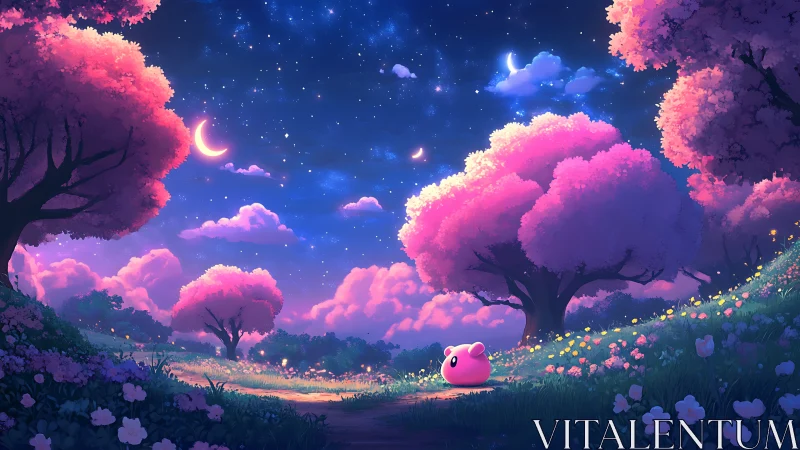 Celestial nightscape uniting pink blossom trees and pastel mascot