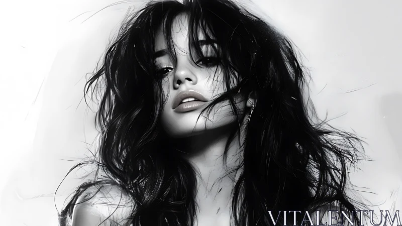 Storm-tossed muse in monochrome glow, hair like quiet thunder.