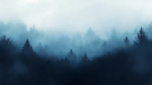 Atmospheric Forest Through Layered Mist and Fog.