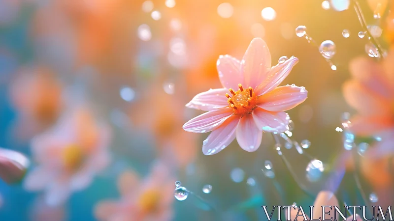 Pink Cosmos with Dewdrops: Macro Floral Study in Golden Hour Light.