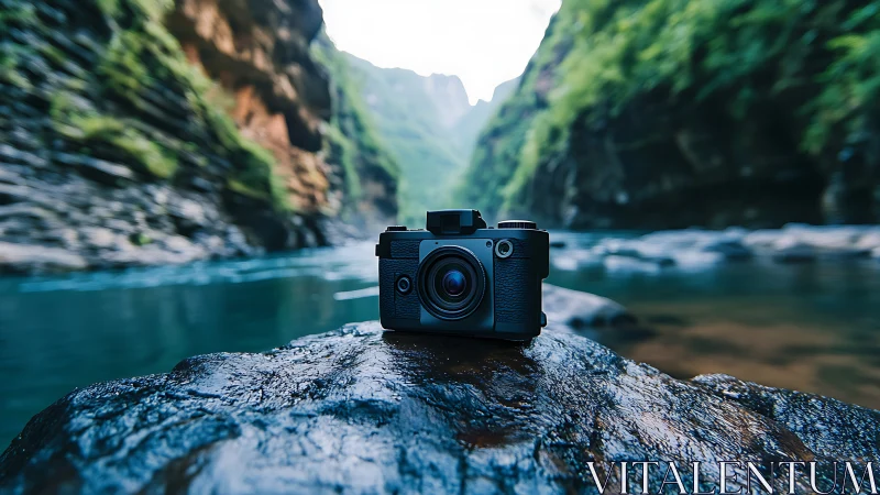 Mirrorless camera on river rock in lush canyon landscape.