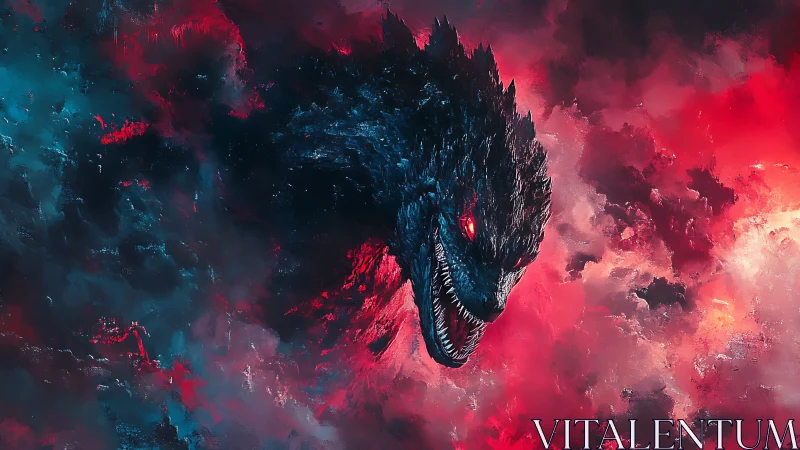 Colossal dragon head emerging through neon storm clouds.