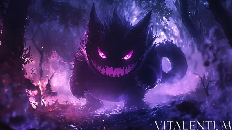 Spectral creature stalks neon mist forest with feral glare.